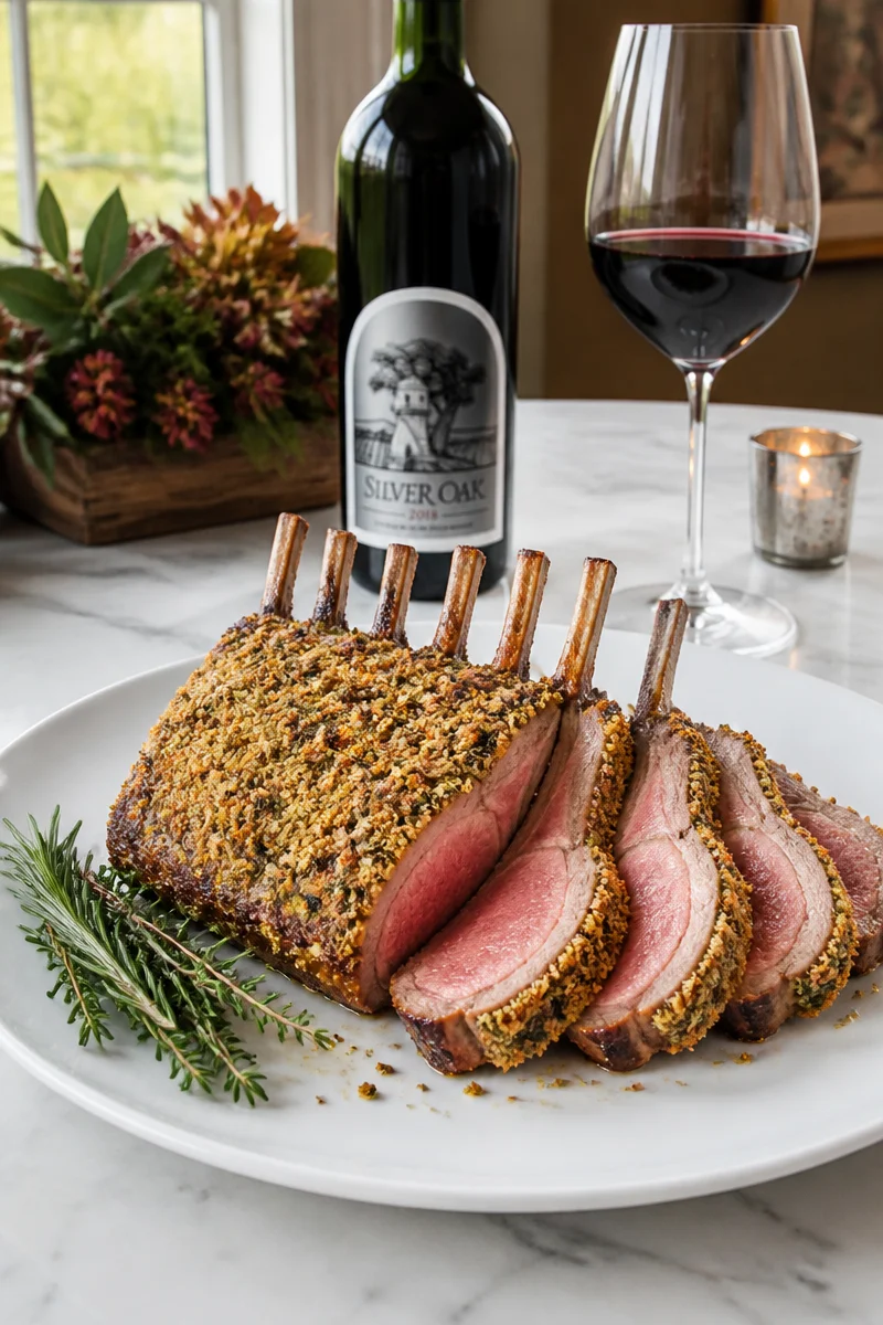 Herb crusted rack of lamb served with Cabernet wine