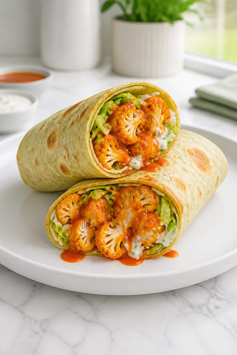 High Protein Buffalo Cauliflower Wrap with fresh vegetables and sauce