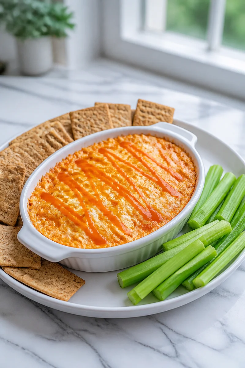 High protein buffalo chicken dip served in a bowl with tortilla chips