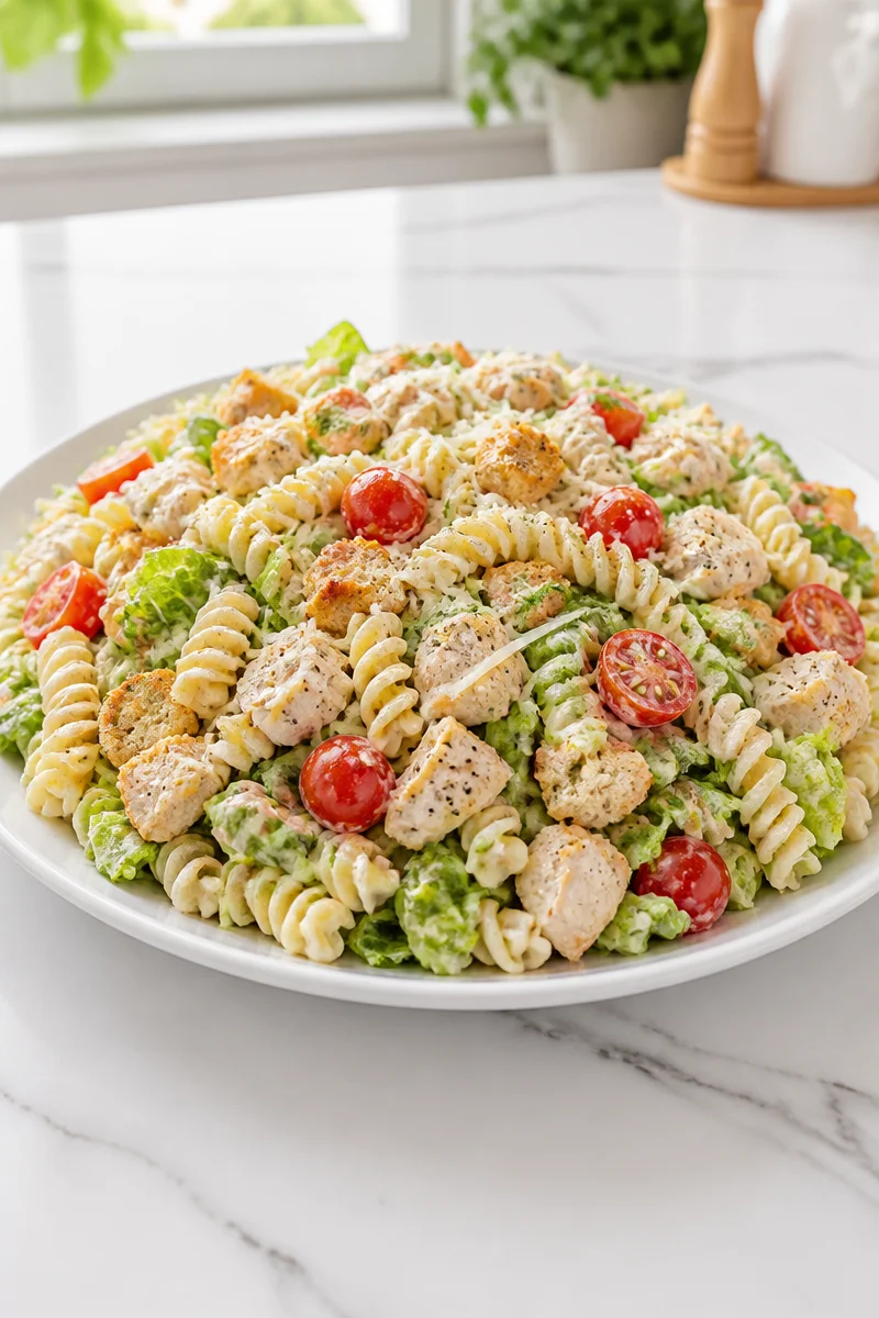 High Protein Chicken Caesar Pasta Salad with fresh ingredients and creamy dressing