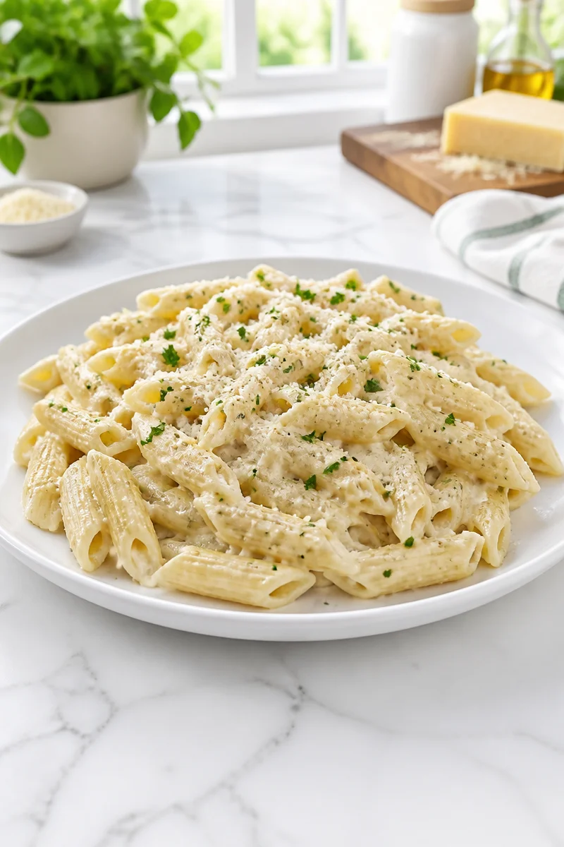 Delicious High Protein Cottage Cheese Alfredo Pasta topped with fresh herbs