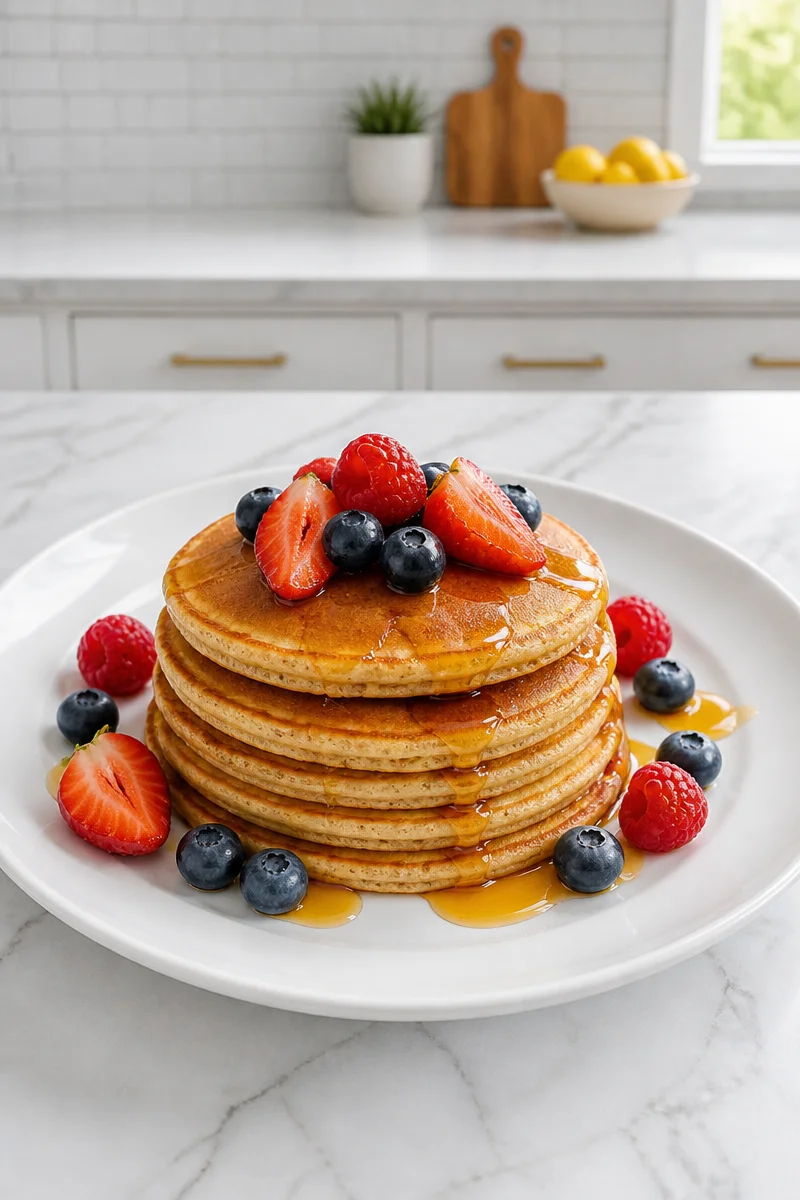 High protein cottage cheese pancakes served with fresh fruits