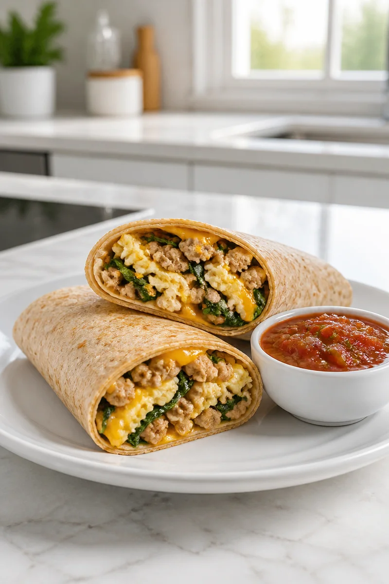 High protein egg white turkey wrap with fresh vegetables and spices