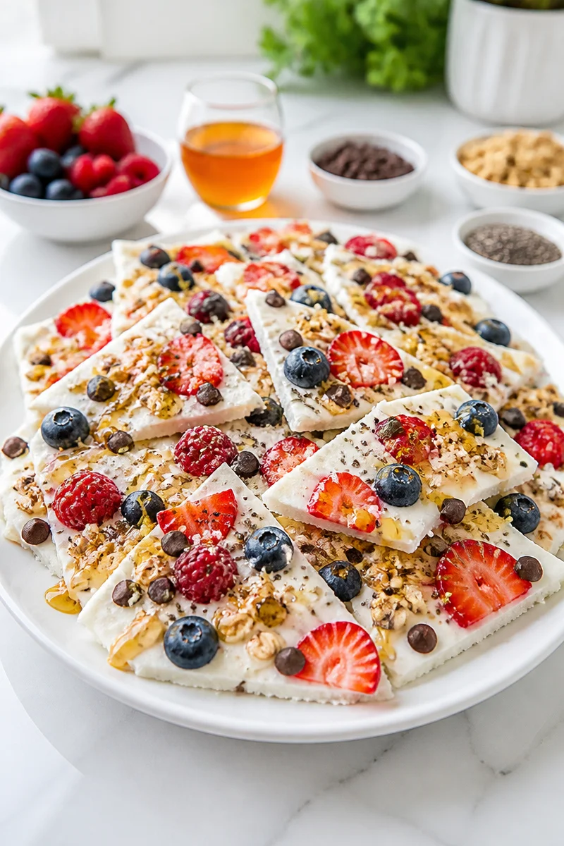 High Protein Greek Yogurt Bark topped with fruits and nuts