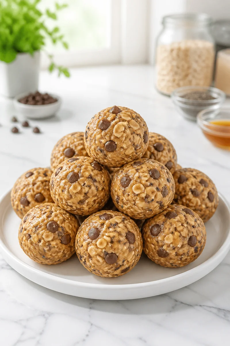 High protein peanut butter protein balls, a healthy snack option.