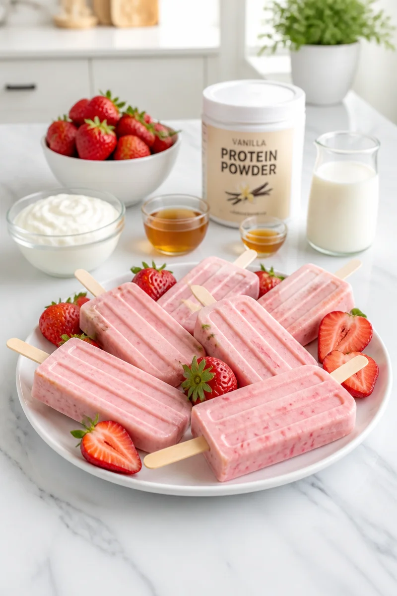 High protein strawberry popsicle made with fresh strawberries and protein powder.