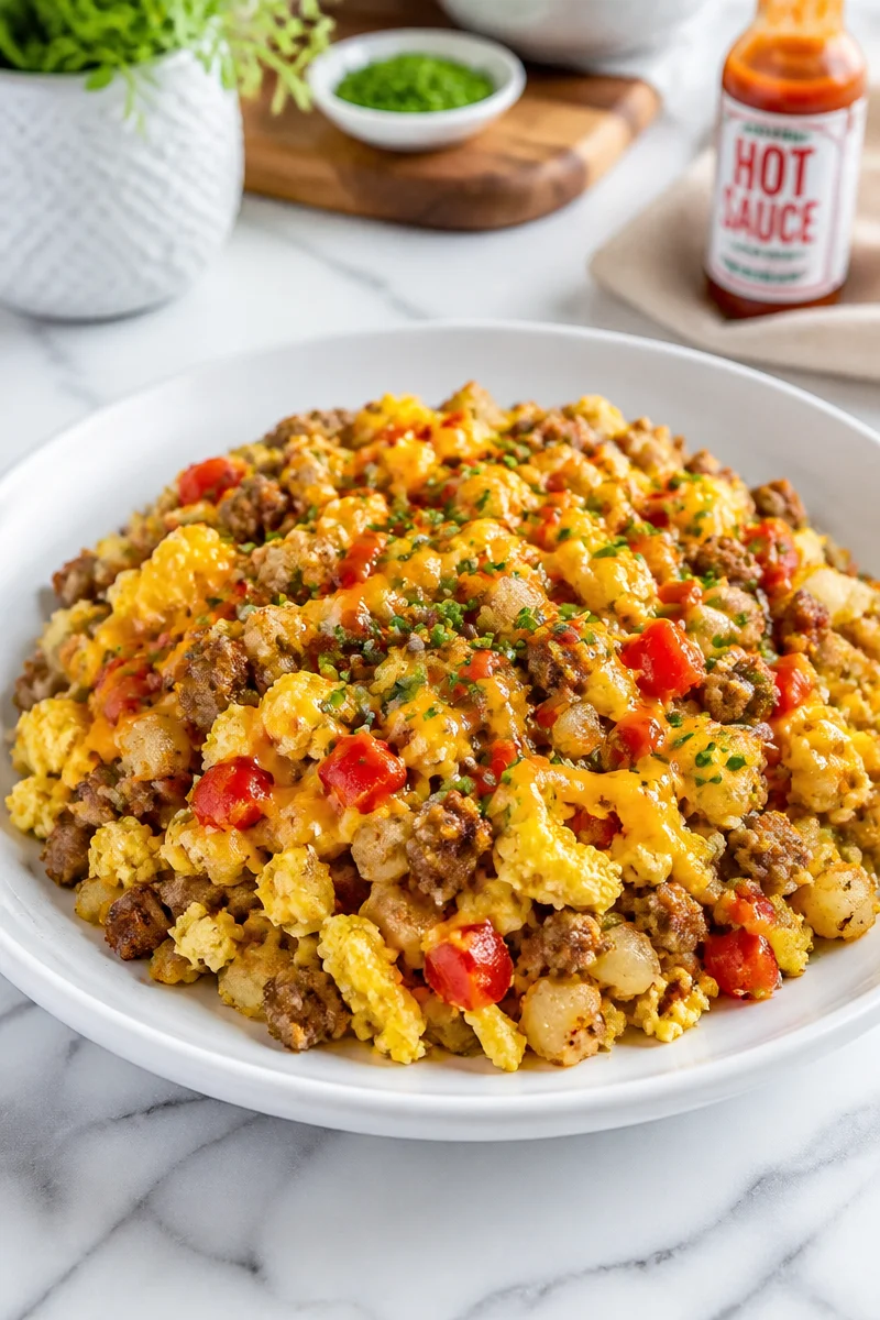 High protein turkey sausage breakfast bowl with eggs and veggies