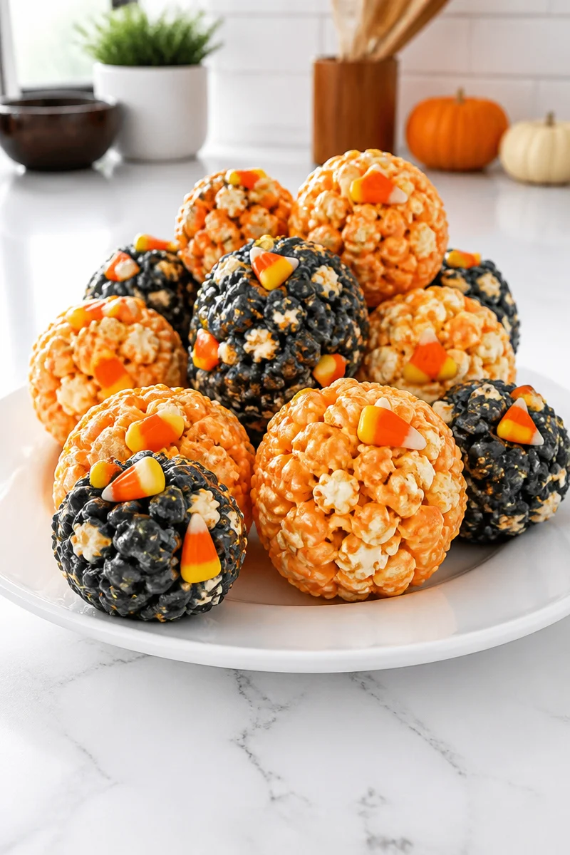 Colorful homemade popcorn balls for Halloween celebrations