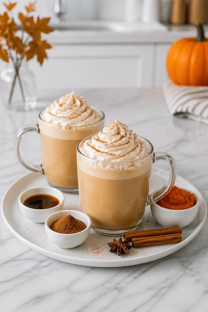 Homemade pumpkin spice latte in a cozy mug with autumn decorations