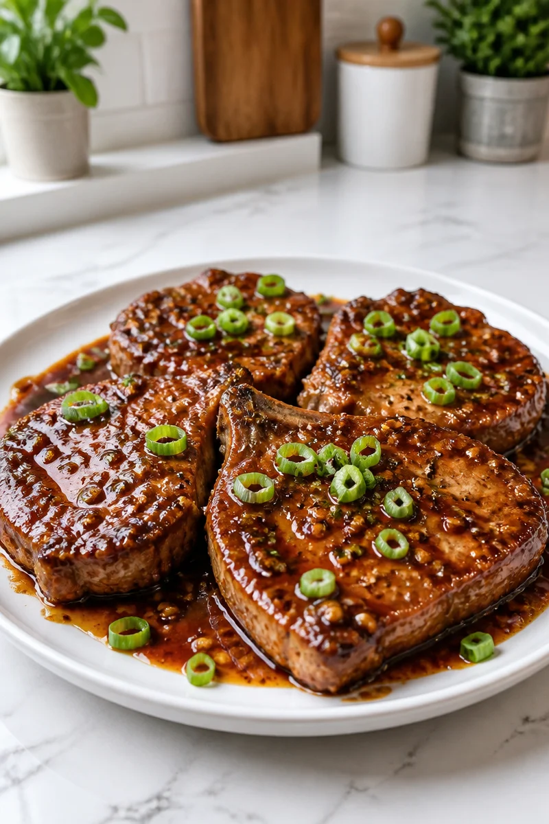 Honey Garlic Glazed Pork Chops cooked in a skillet with vegetables