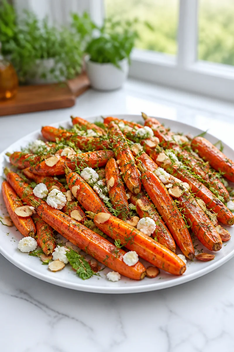 Honey roasted carrot feta herb salad with fresh herbs and vibrant colors
