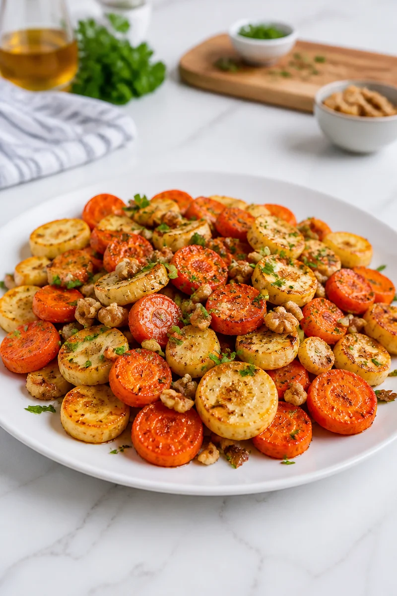 A delicious plate of honey roasted carrots and parsnips garnished with herbs.