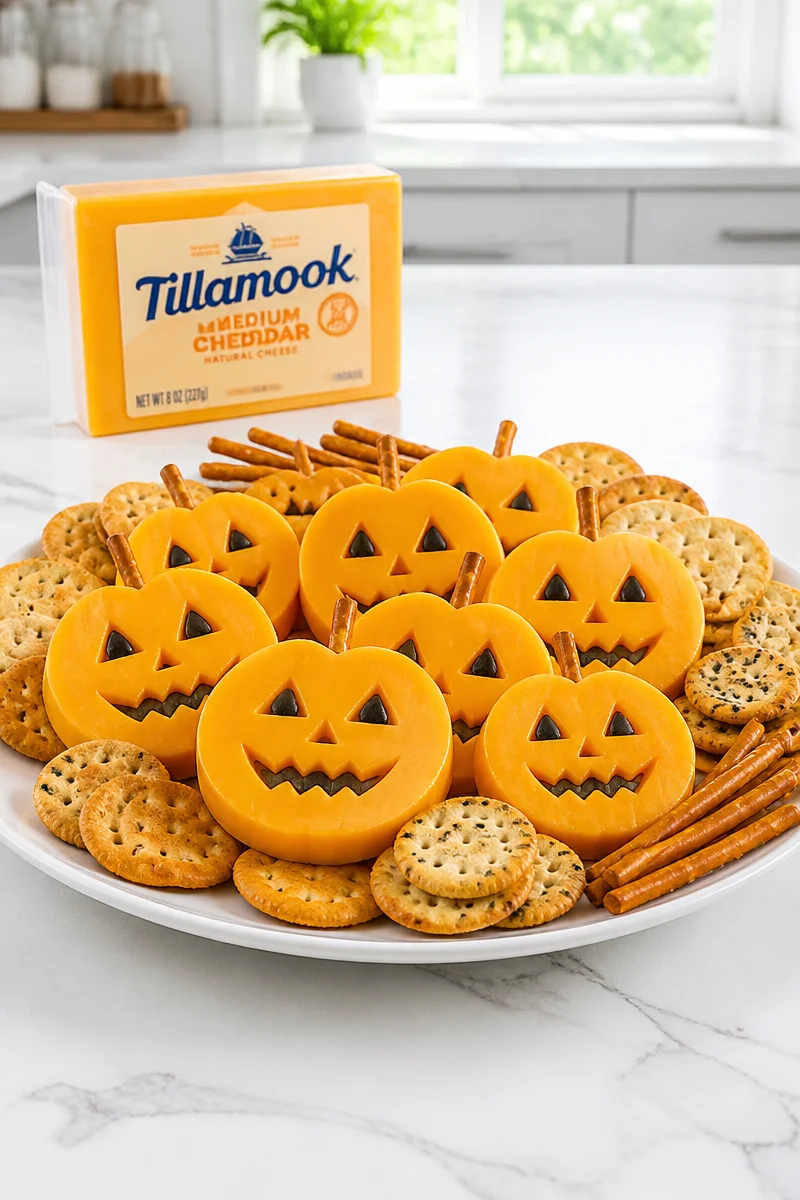 Jack O Lantern cheese cracker snack for Halloween parties