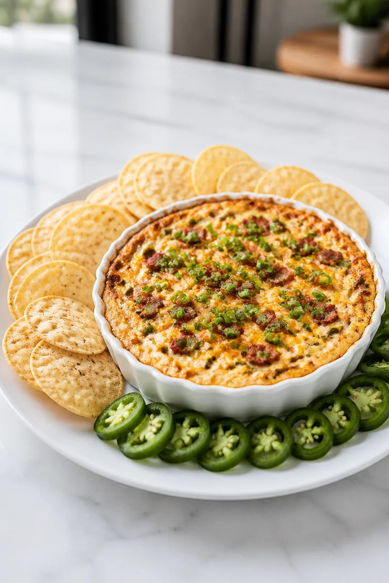 Baked Jalapeño Popper Dip with melted cheese and jalapeños, served in a dish.