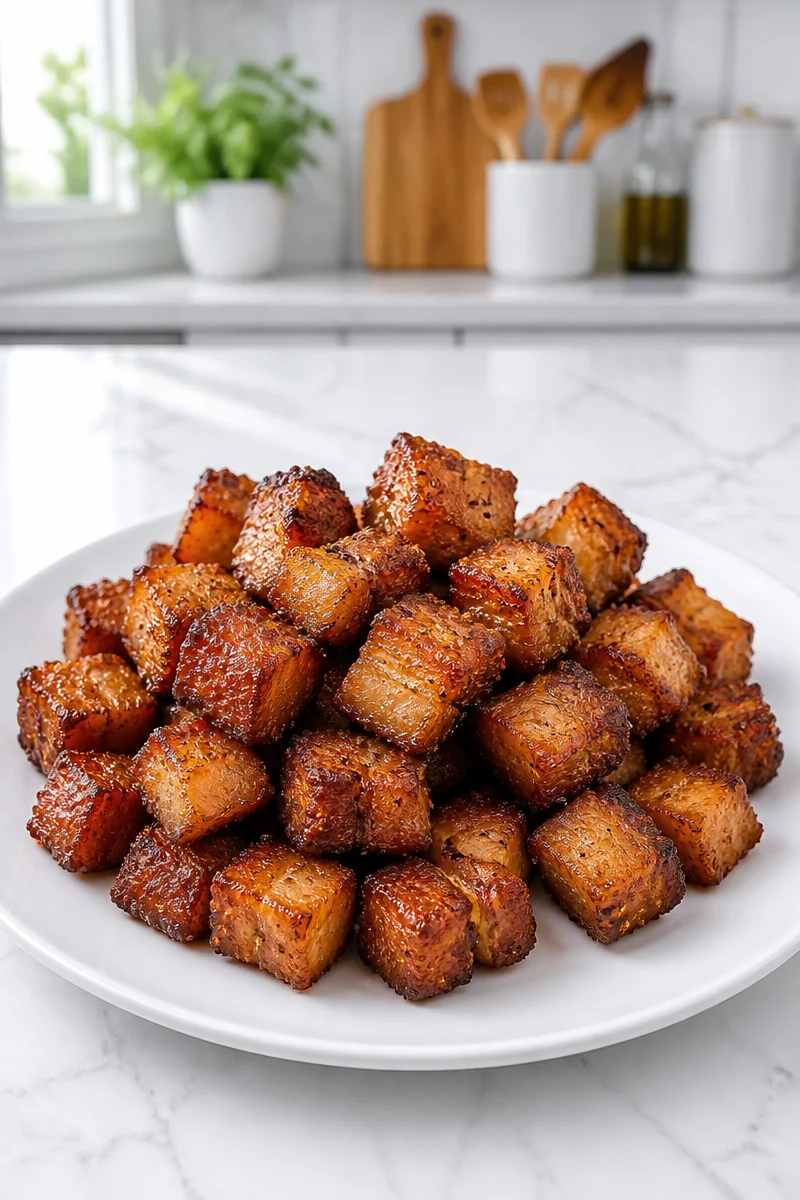 Delicious Keto Air Fried Pork Belly Bites served on a plate