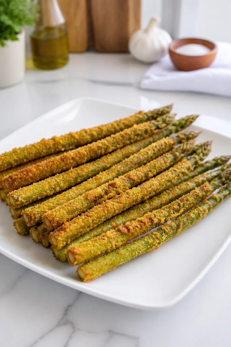 Keto asparagus deep fried with a crispy Parmesan crust