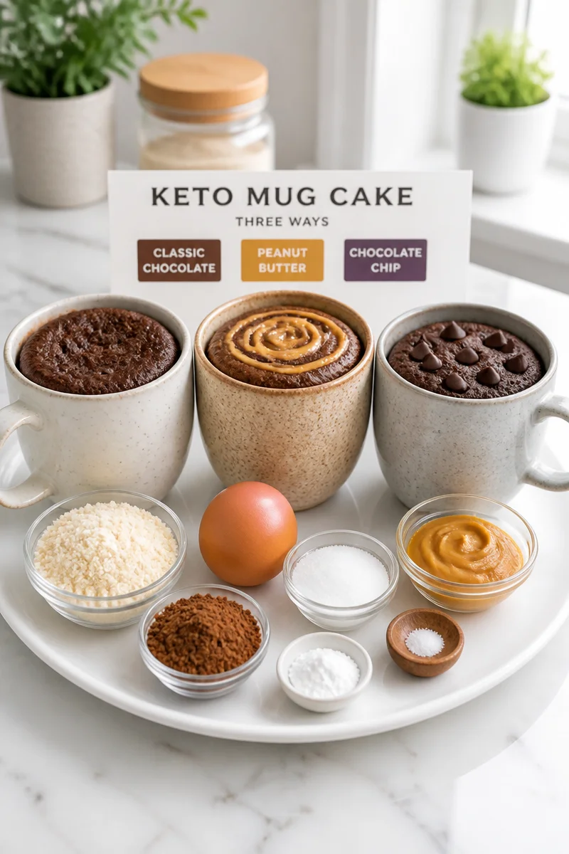 Delicious Keto Mug Cake made three ways for a quick low-carb dessert