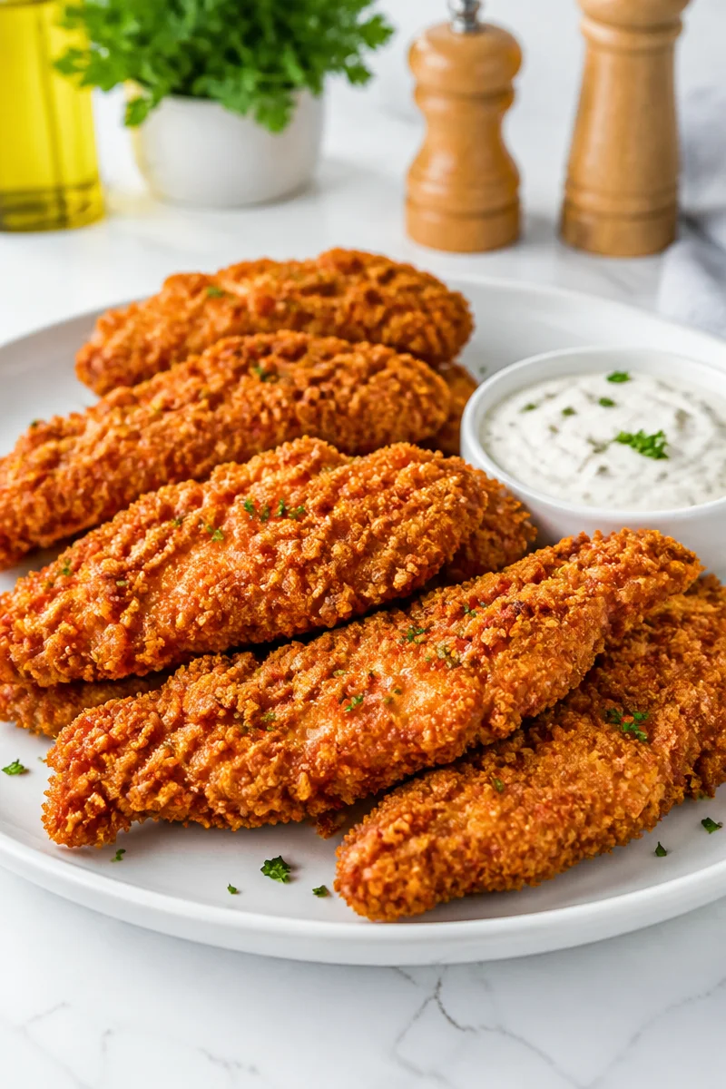 Keto pork rind crusted chicken tender with a crispy golden coating