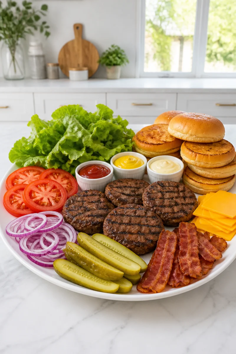 Delicious grilled burgers with fresh toppings for a Labor Day celebration.