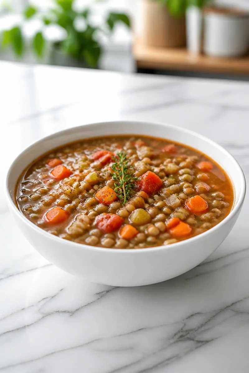Bowl of fiber-rich lentil vegetable soup with fresh vegetables