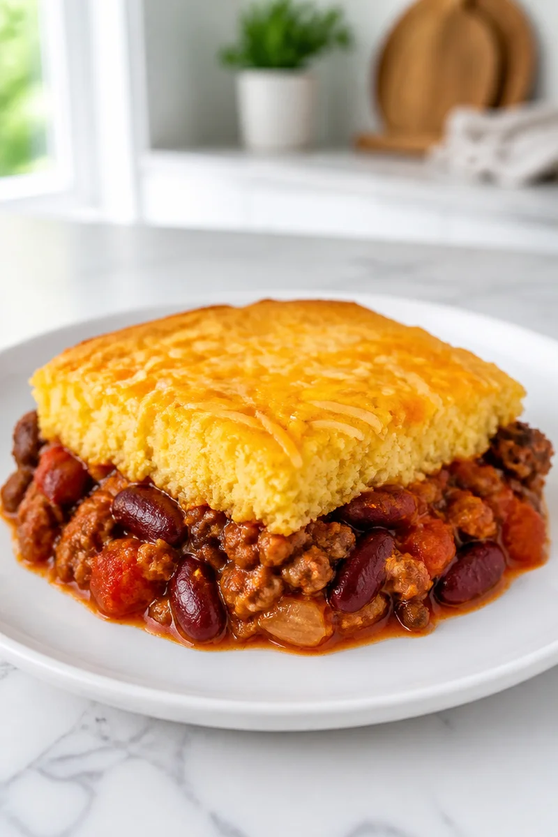 Delicious Loaded Turkey Chili with cornbread topping served in a bowl
