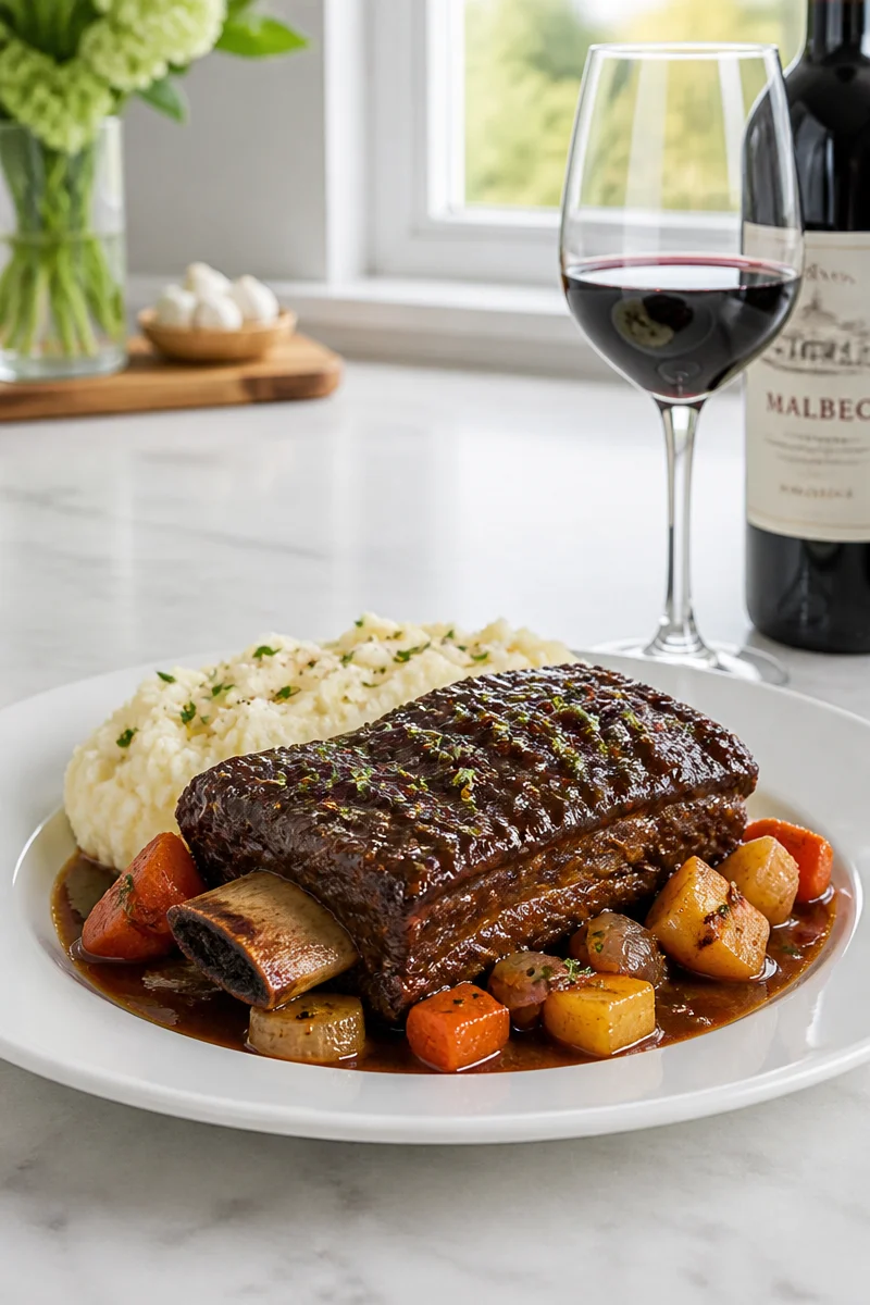 Delicious Malbec Braised Short Rib served with colorful root vegetables
