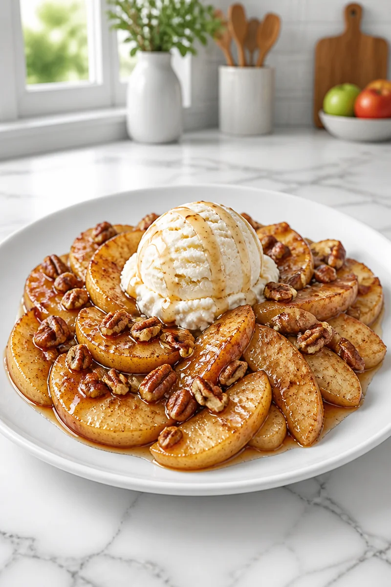 Maple Cinnamon Baked Apple Slice with spices and caramel drizzle