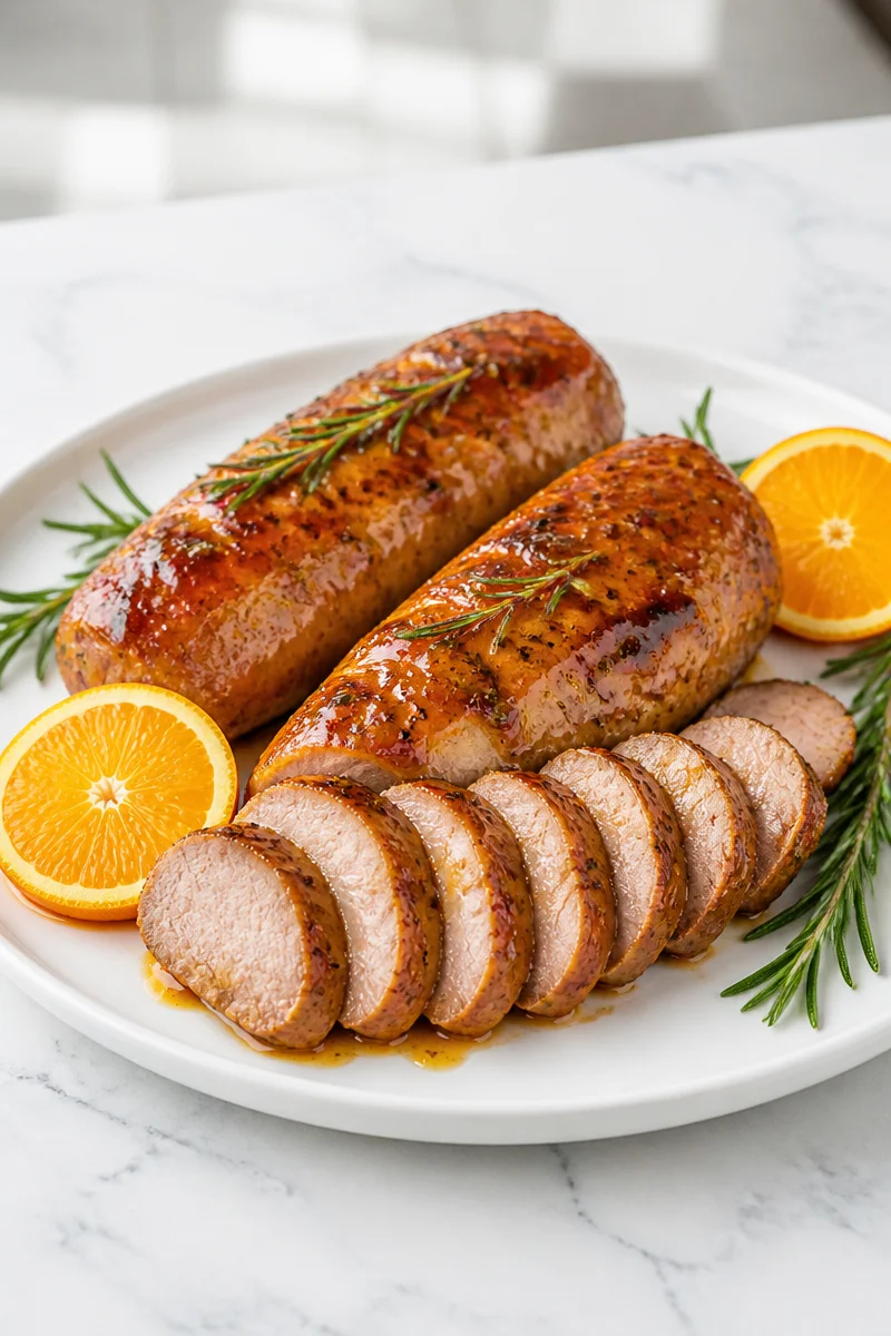 Maple Orange Glazed Pork Tenderloin Roast garnished with herbs on a serving platter