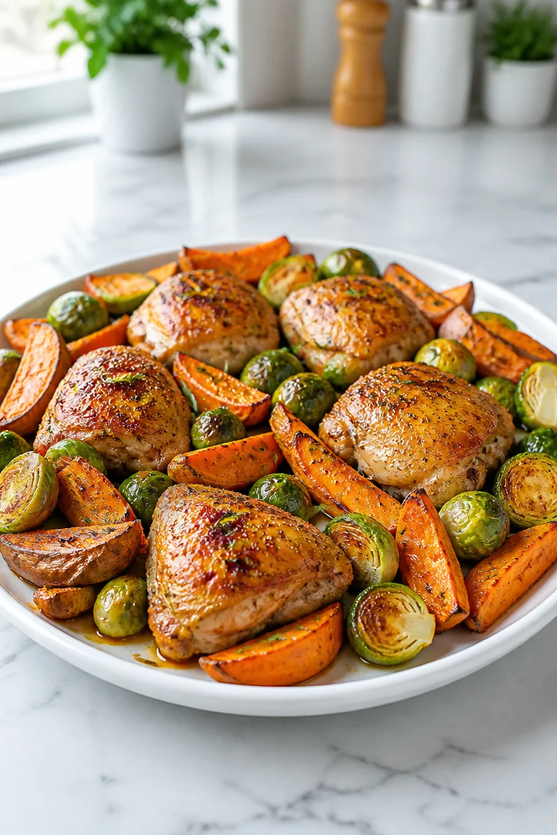 Maple Roasted Chicken Thigh with Brussels Wedge on a plate, showcasing vibrant colors.