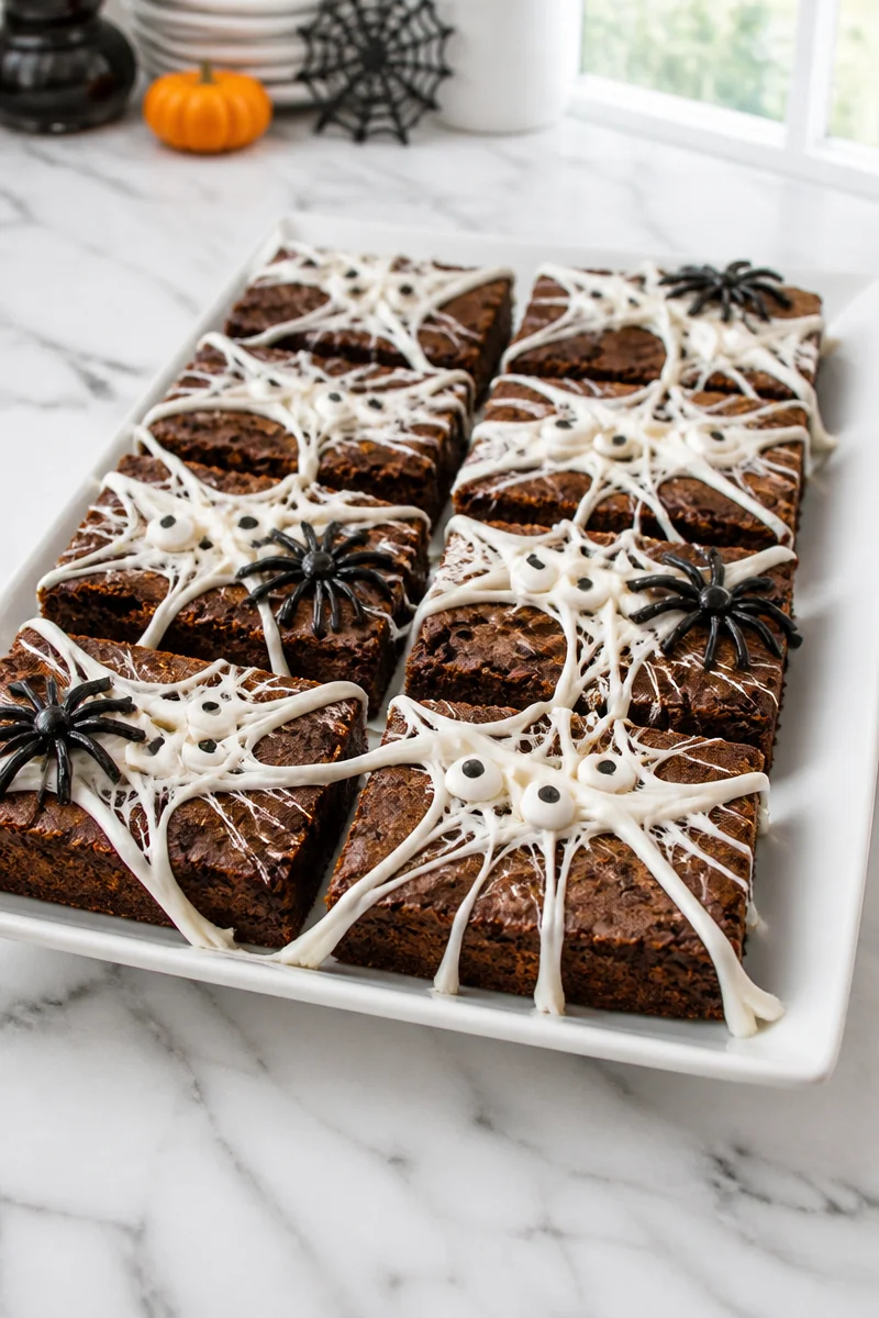 Melted marshmallow cobweb brownie bites with festive decorations.
