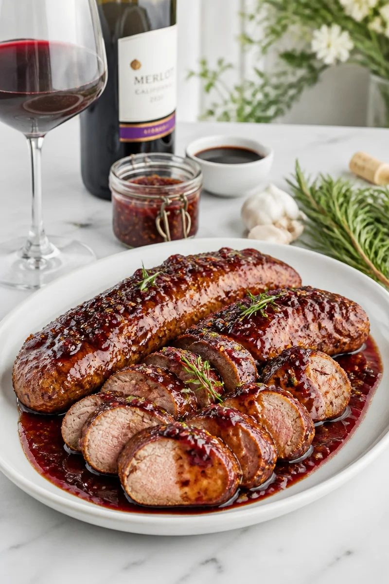 Merlot Fig Balsamic Glazed Pork Tenderloin dish garnished with herbs