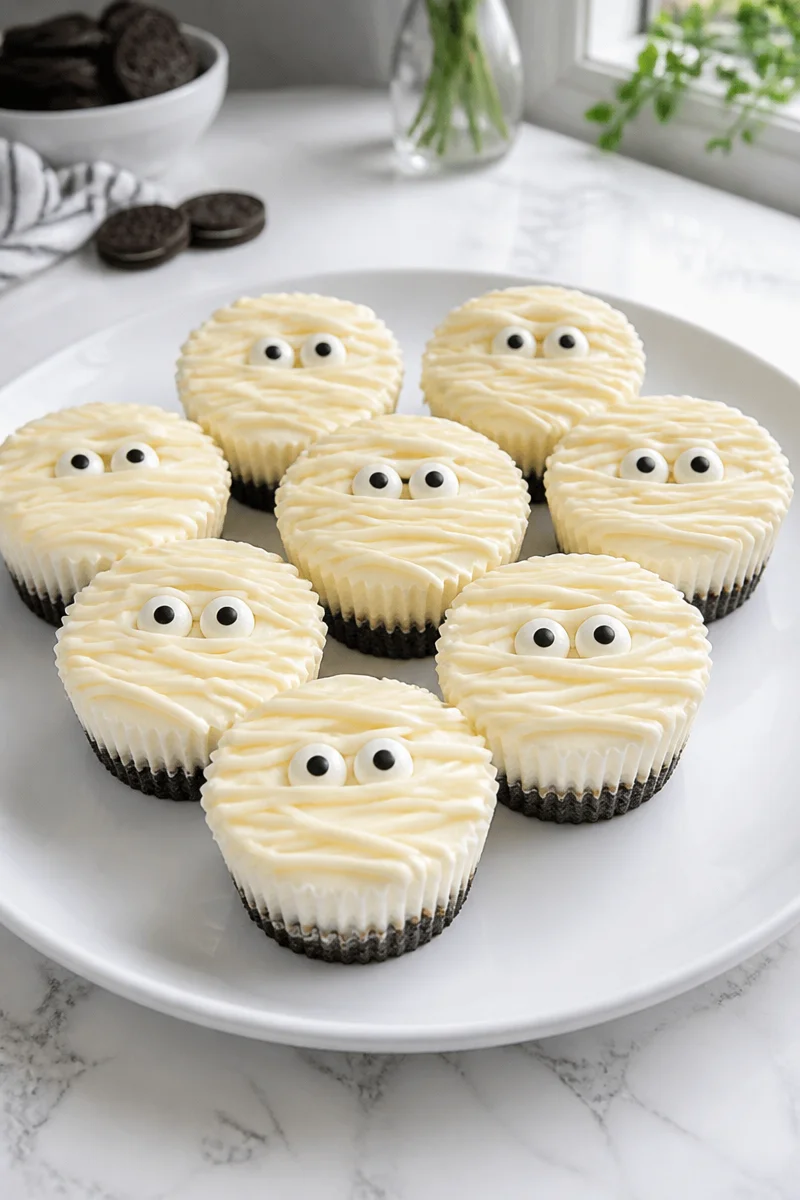 Mini No Bake Cheesecake Mummy Topped dessert for Halloween