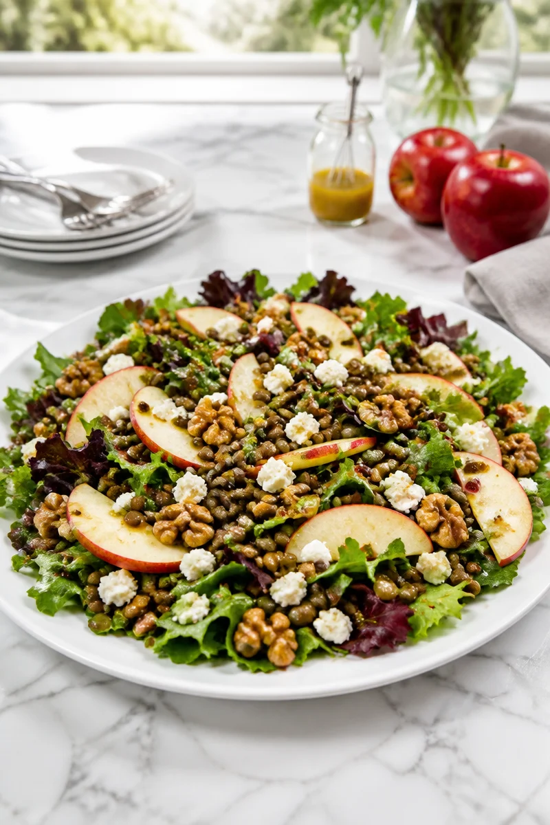 Mixed Green Lentil Apple Feta Salad with fresh greens and feta cheese