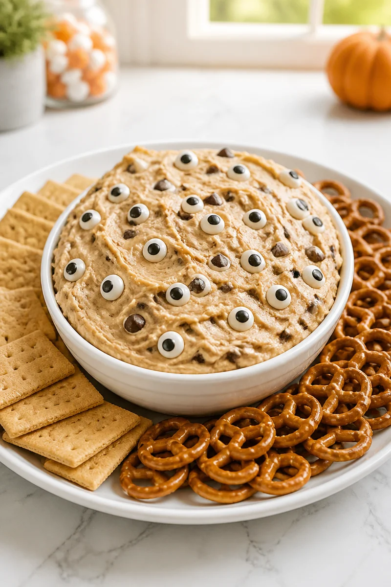 Delicious no-bake Monster Cookie Dough Dip served in a bowl with cookies