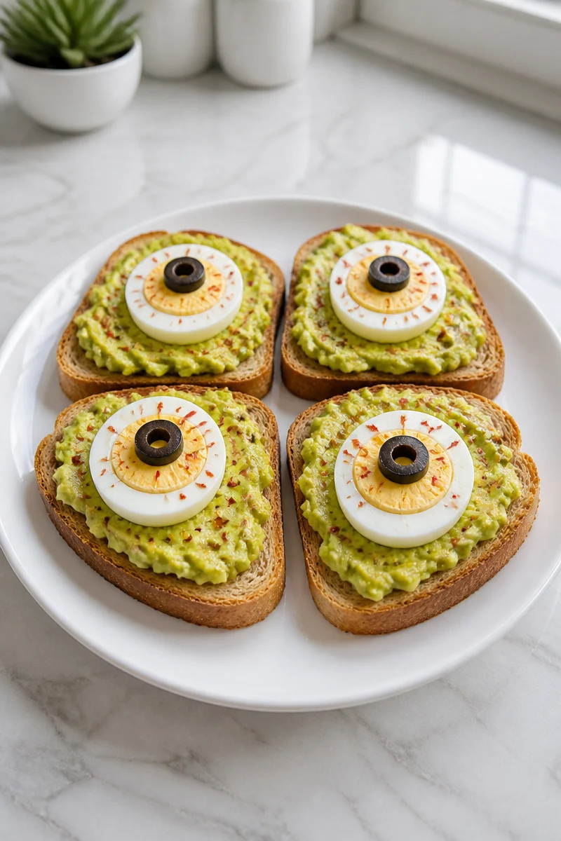 Monster Eyeball Avocado Toast slice with creative presentation and toppings