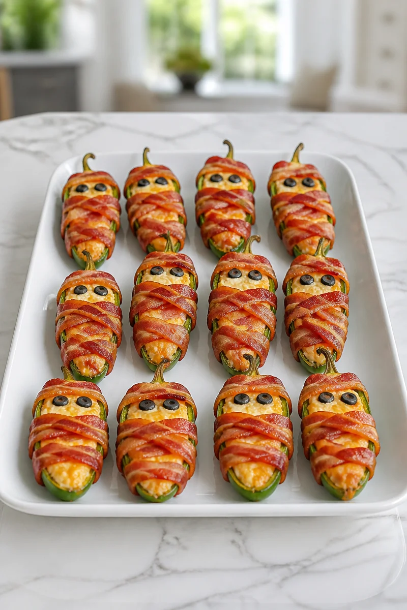 Mummified Jalapeno Popper Cream Cheese appetizer showcasing creamy filling and jalapenos.