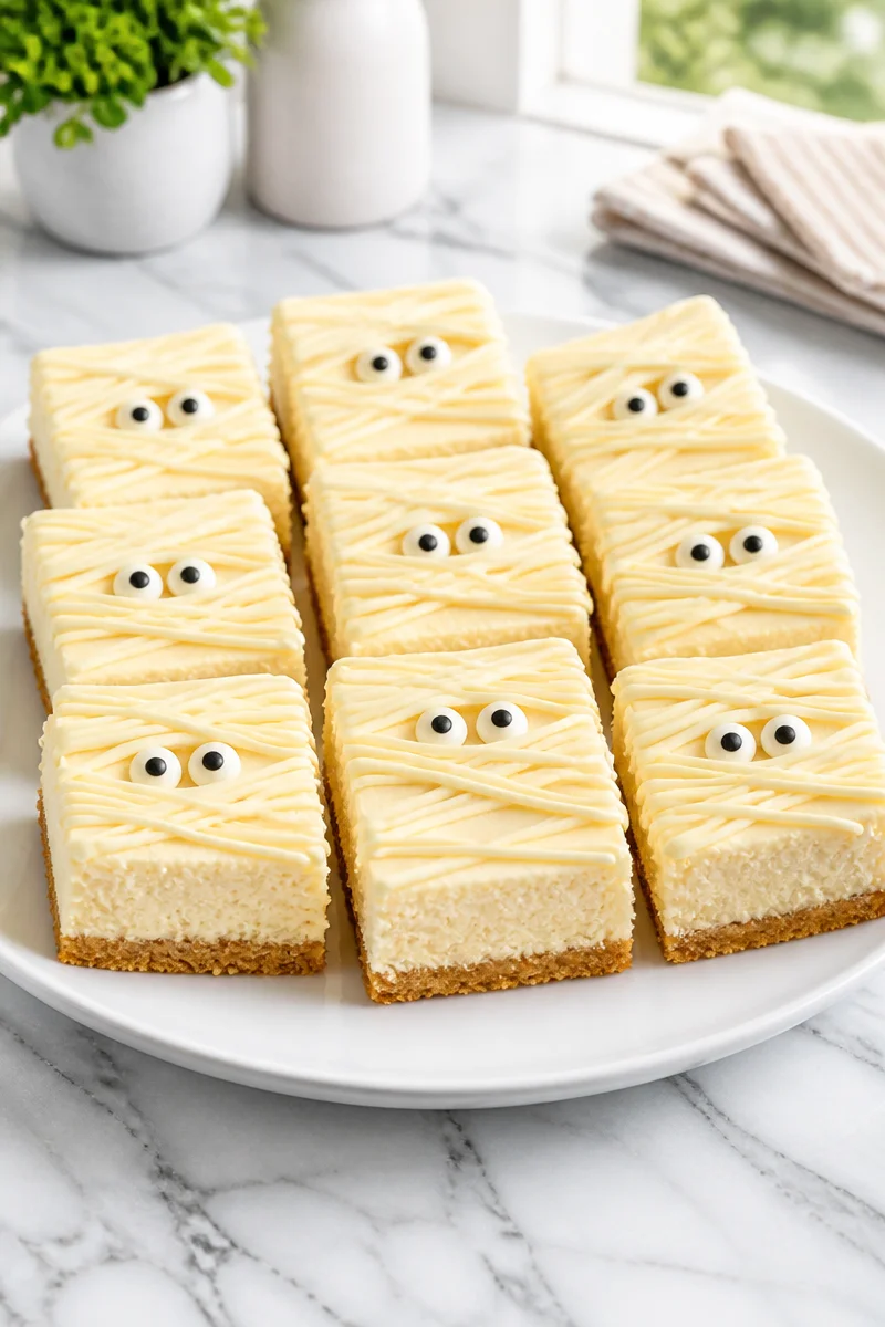 Mummy Wrapped Cheesecake Bar drizzled with white chocolate, festive dessert