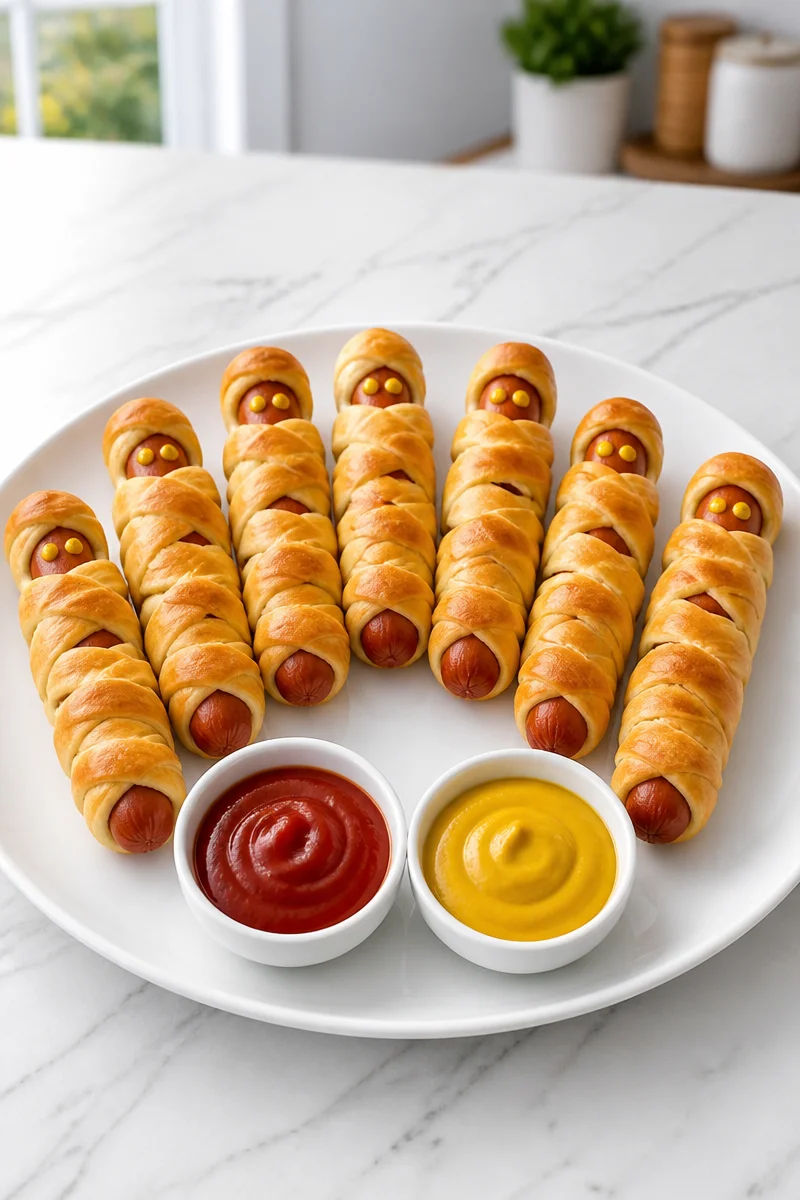 Mummy Wrapped Hot Dog Crescent with flaky pastry perfect for Halloween snacks