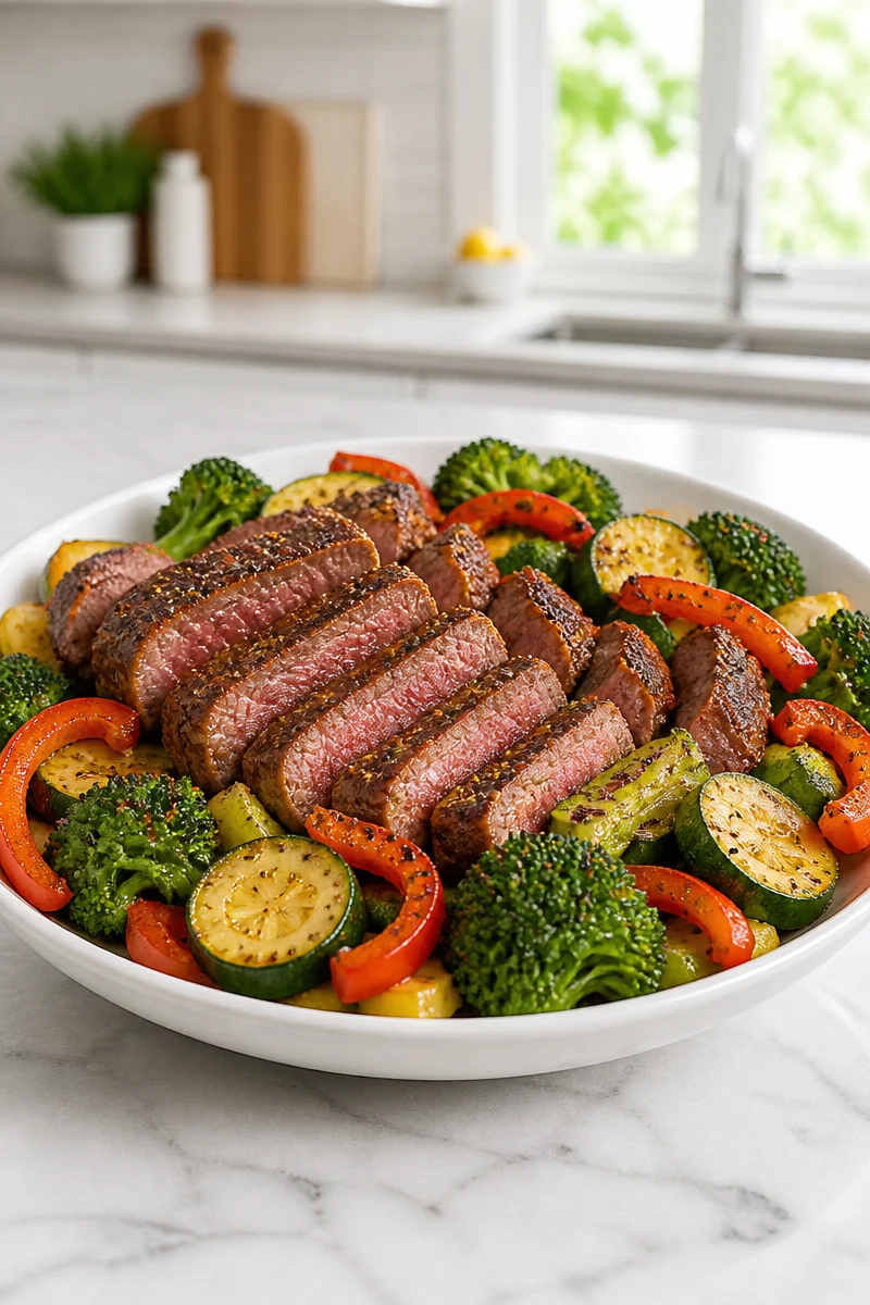 Ninja Foodi Steak Vegetable Bowl with colorful veggies and grilled steak