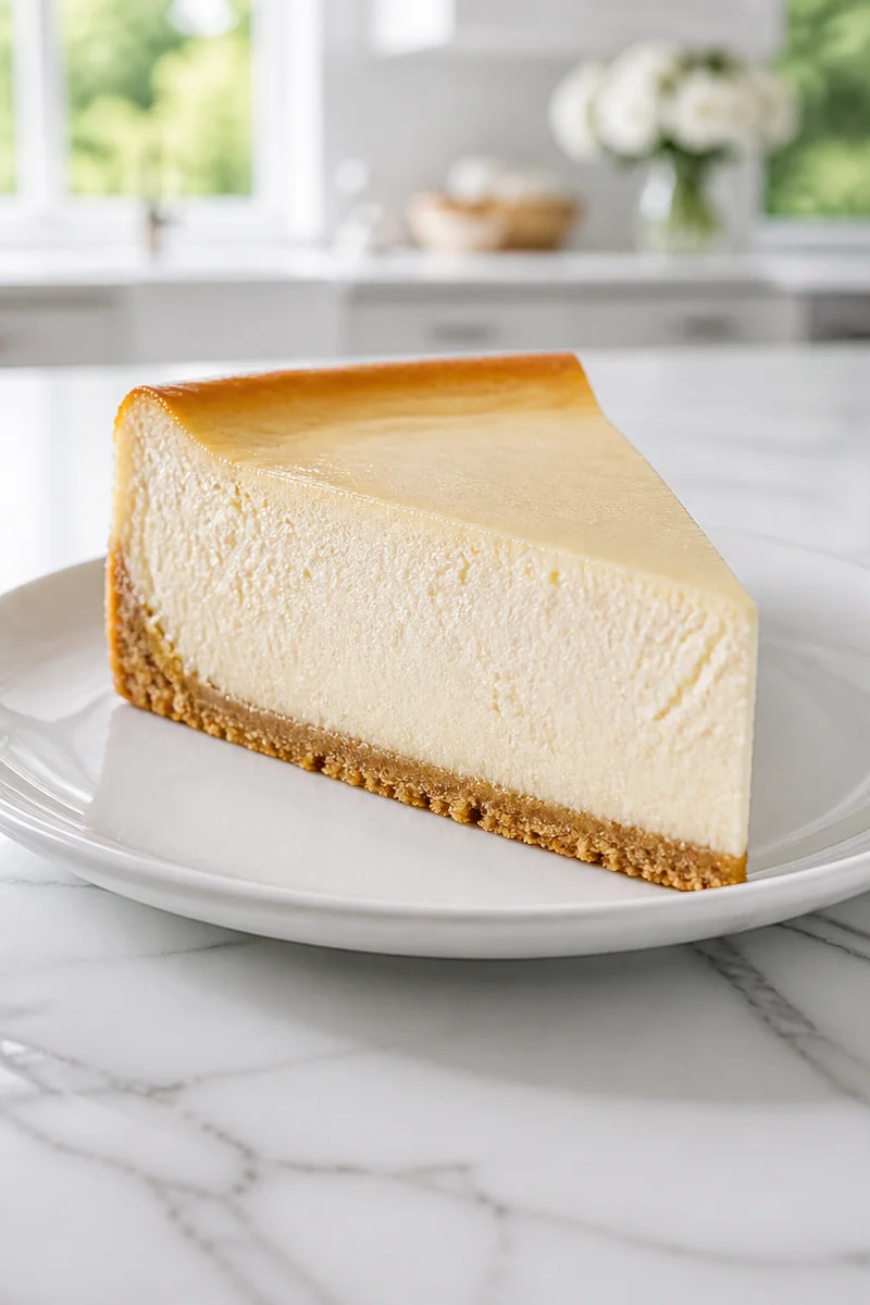 Slice of no water bath keto cheesecake on a plate