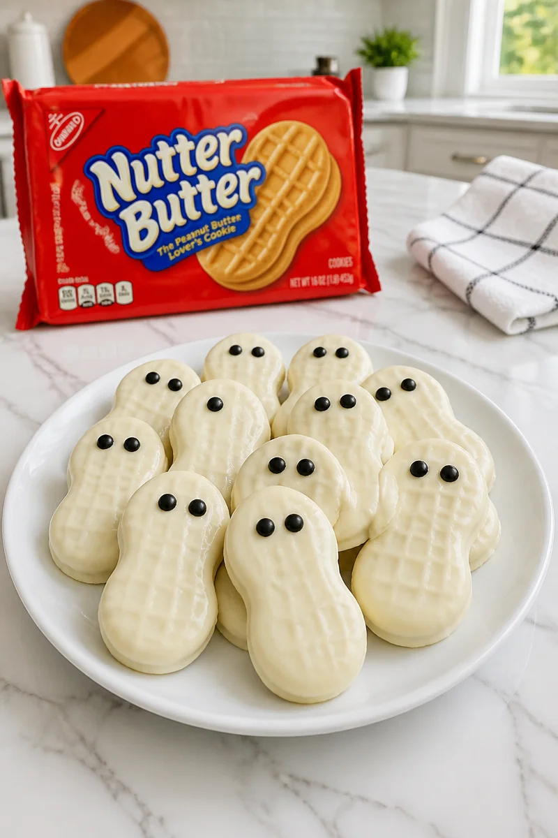 Nutter Butter Ghost Cookies with white chocolate coating