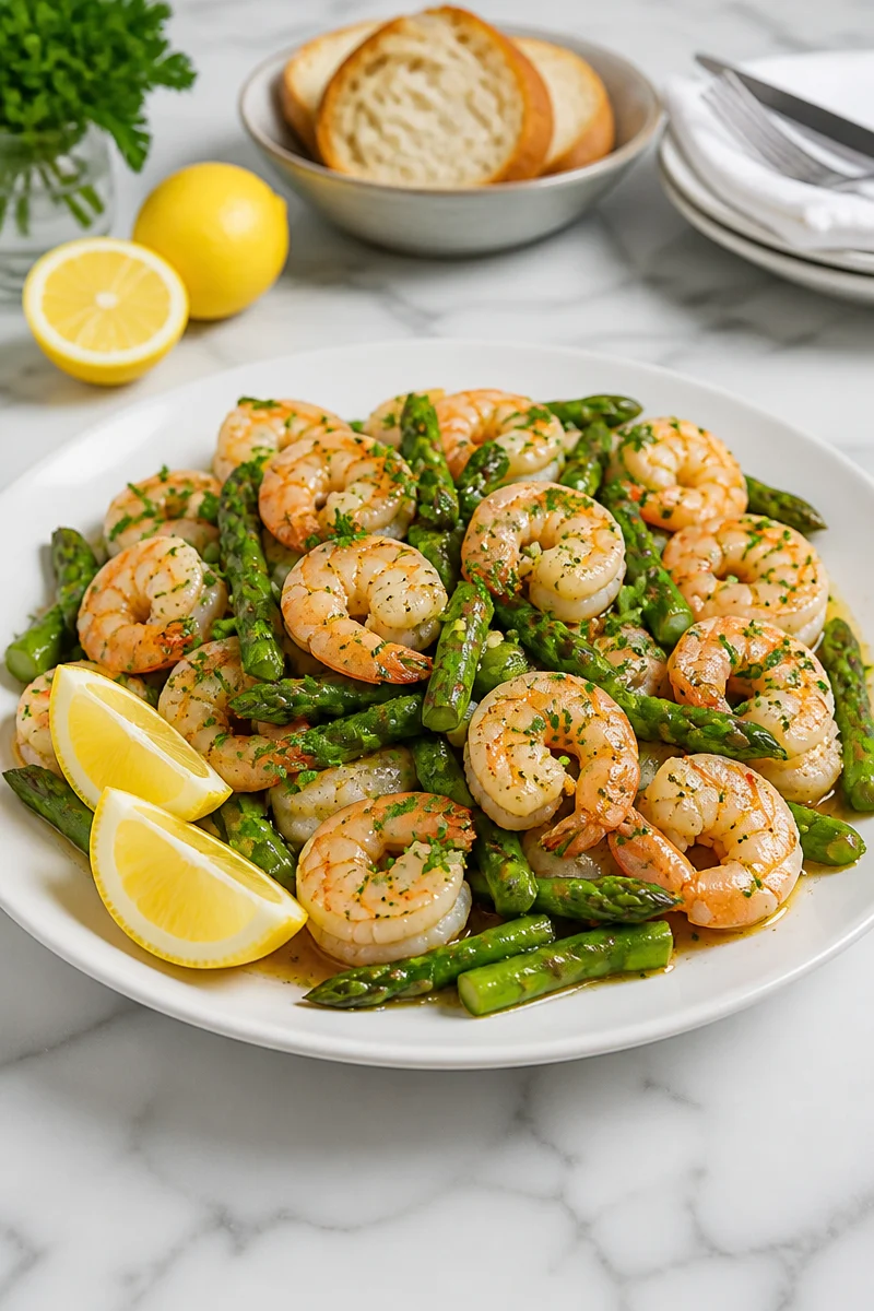 One pan garlic butter shrimp cooked with fresh asparagus for a delicious meal.