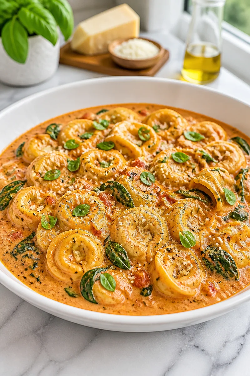 One Pot Creamy Tomato Tortellini served in a bowl with fresh basil and parmesan cheese