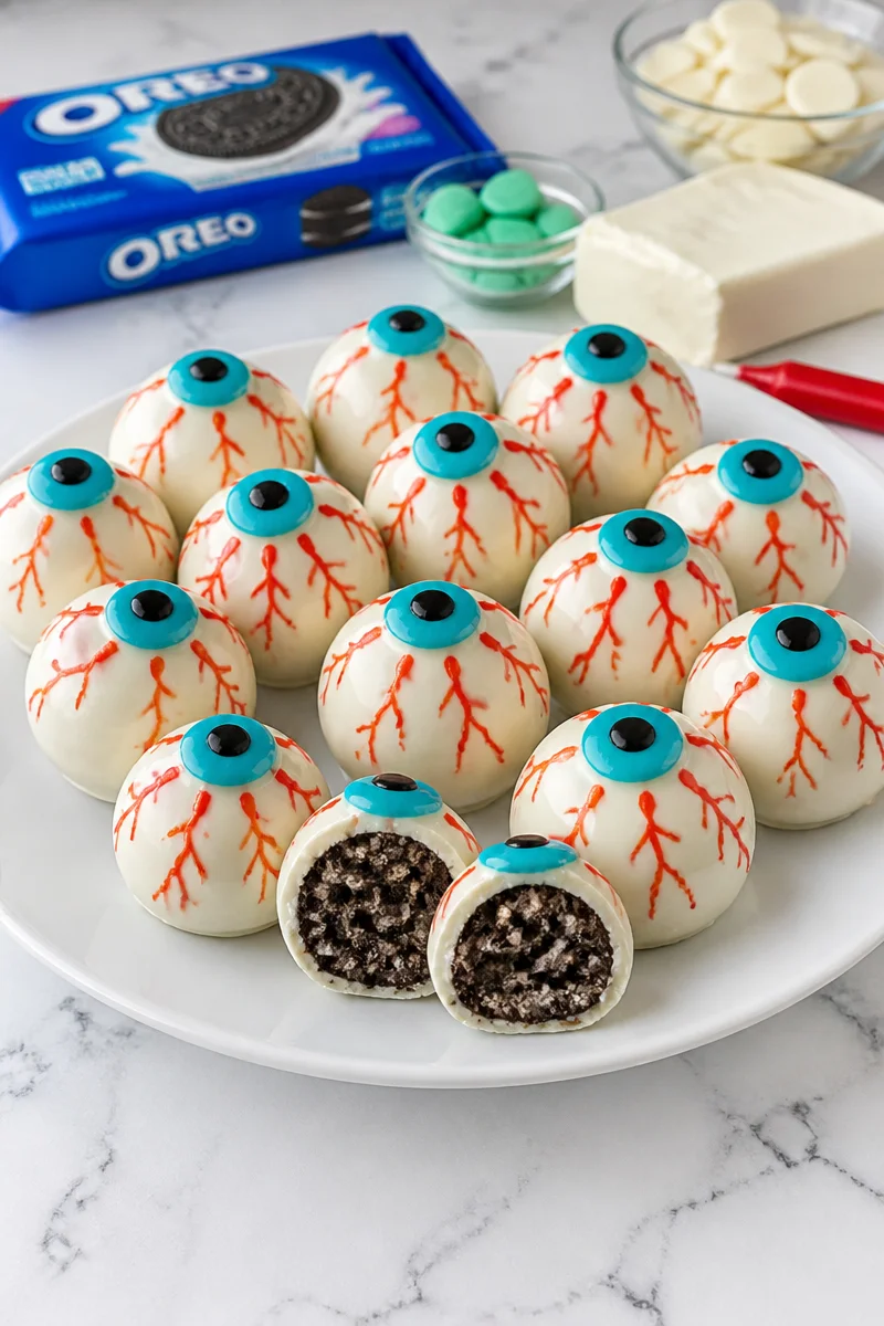 Oreo ball eyeball Halloween truffles decorated for a spooky treat