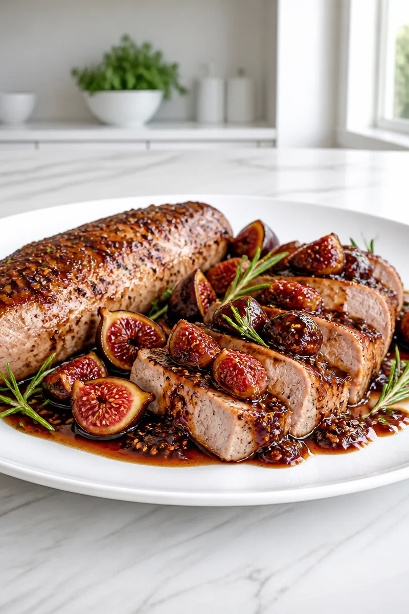 Pan seared pork tenderloin topped with a rich fig sauce on a plate