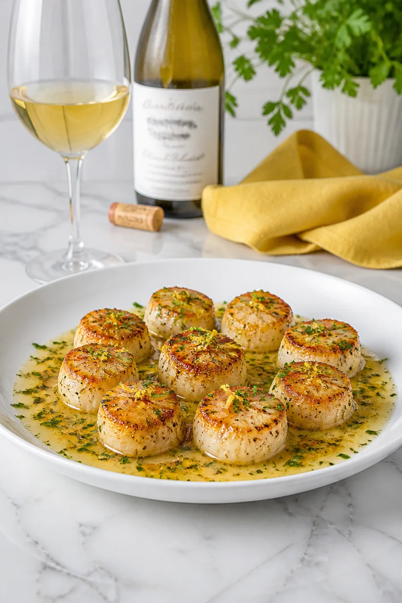 Pan seared scallops served with white wine butter sauce