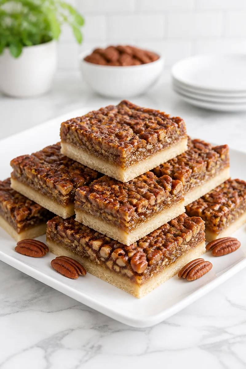 Pecan pie bars with shortbread crust displayed on a wooden table