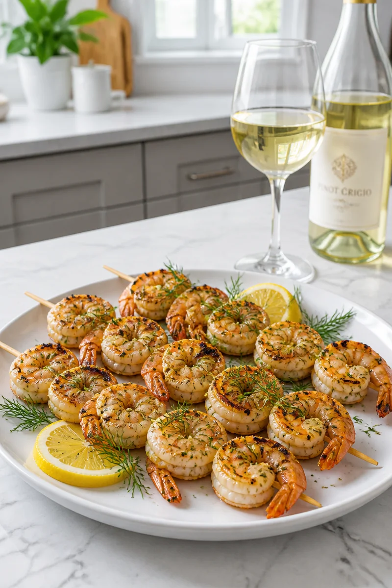 Plate of Pinot Grigio Lemon Herb Grilled Shrimp garnished with herbs