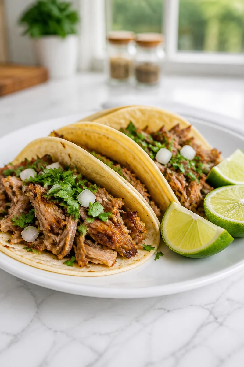 Delicious Pork Carnita Tacos topped with fresh Cilantro and Lime