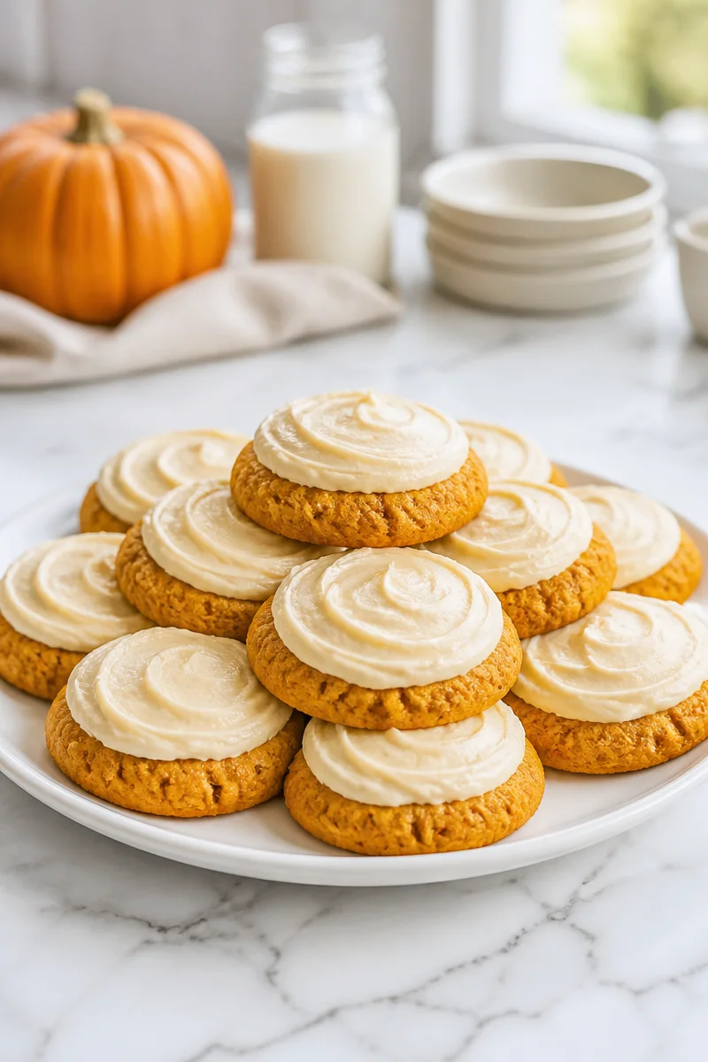 Delicious pumpkin cookies with creamy cream cheese frosting on top.